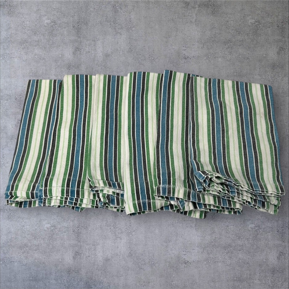 Lot of 6 - Pier 1 Imports Cotton Napkin Green Teal Black White‎ Striped